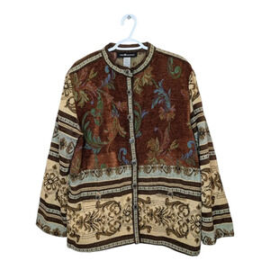 Vintage Sag  Harbor Button Down Brown Cream Blue Patterned Tapestry Jacket Sz 16